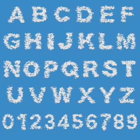 Cloud alphabet and numbers on blue sky background.の写真素材