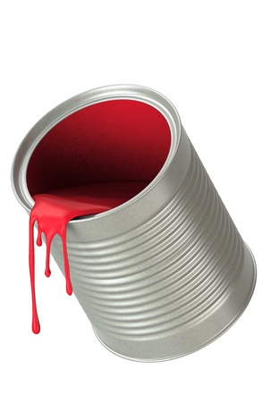 Red paint pouring from bucket, isolated on white background.の写真素材