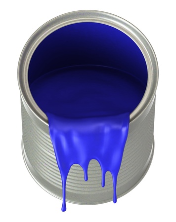 Blue paint pouring from bucket, isolated on white background.の写真素材