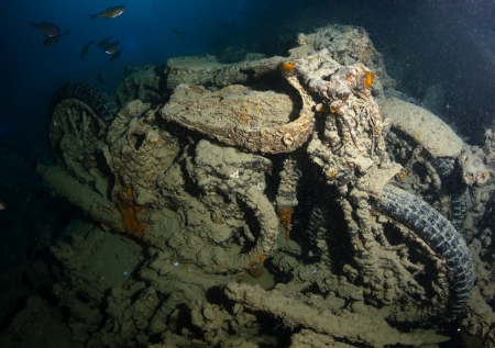 Motorcycles in the hold of shipwreck SS Thistlegorm, Red Sea の写真素材