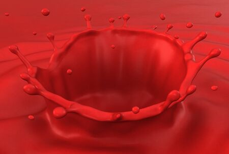 Red paint splash and drops with ripples, close-up view.の写真素材