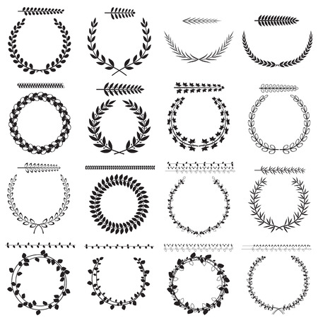 Set of silhouettes of laurel wreaths and branches, vector illustration.のイラスト素材