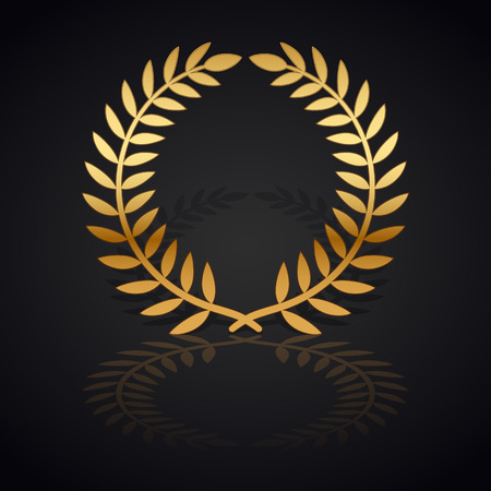 Gold laurel wreath with  shadow and reflection on black background.のイラスト素材