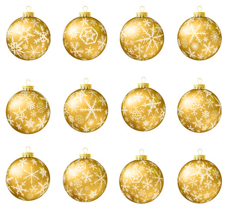 Set of gold vector Christmas balls with snowflakes ornament.のイラスト素材