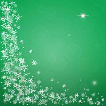 Abstract  winter green background with various snowflakes.の写真素材