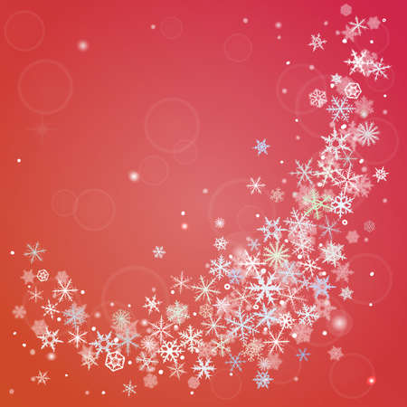 Abstract  winter red background with various snowflakes.の写真素材