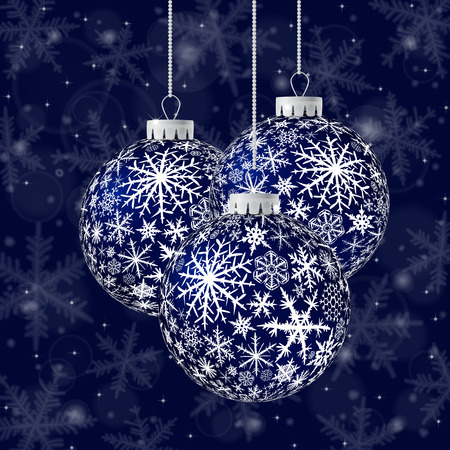 Christmas card with black balls and snowflakes on dark blue background.のイラスト素材