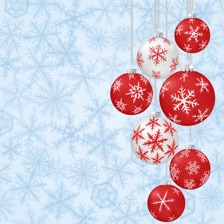 Christmas card with red balls and snowflakes on light background.のイラスト素材