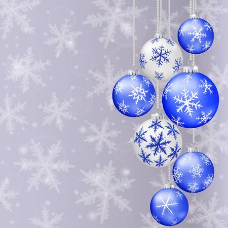 Christmas card with blue balls and snowflakes on grey background.のイラスト素材