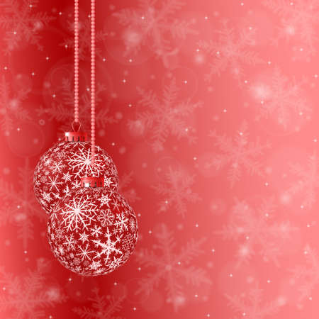 Christmas card with two rede balls and snowflakes on light background.のイラスト素材
