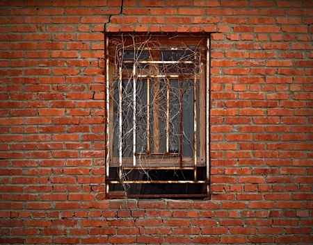 Closed window under rusted grating on aged brick wall の写真素材