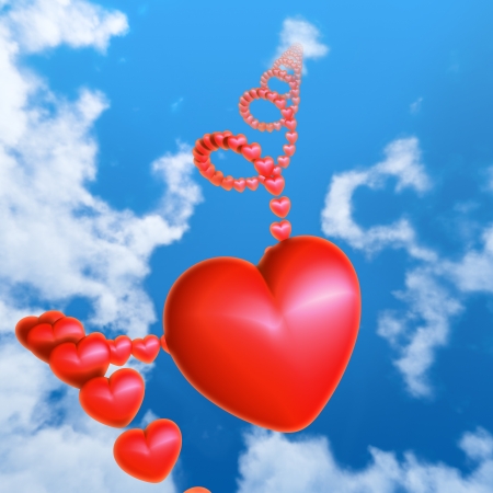Red hearts flying in the sky  Helix made of hearts vanishing in distant cloud の写真素材
