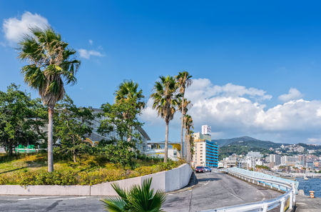 ATAMI, JAPAN - OCTOBER 27, 2012 : View on Atami Tamanoyu Hotel from Swimming Pool localityのeditorial素材