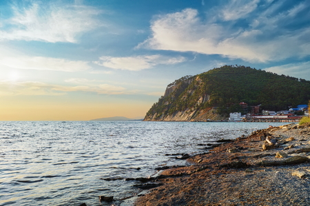 Small bay at sunsetの写真素材