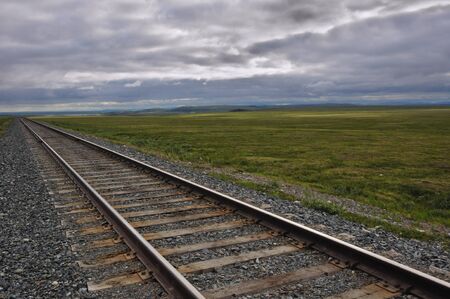 A railway in the tundra to Bovanenkovo gas-field. Yamal Peninsula, Russiaの写真素材