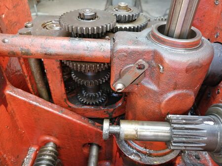 Complex mechanism of professional equipment of a drilling machine assembled from partsの写真素材