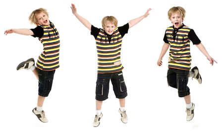 A collage of three jumping boys on white backgroundの写真素材