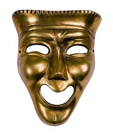 Classical theatrical gold comedy mask over whiteの写真素材