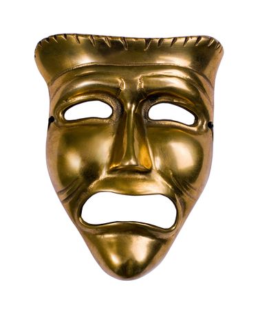 Classical theatrical gold tragedy mask over whiteの写真素材