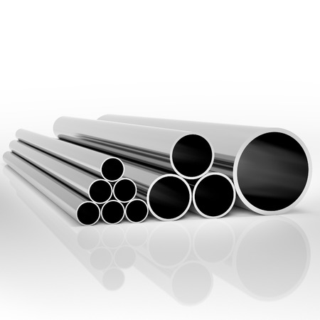 Folded industrial metal pipes of different sizes at white backgroundの写真素材