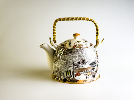 Ceramic teapot with scenic painted pattern and bamboo handle on a white background.の写真素材