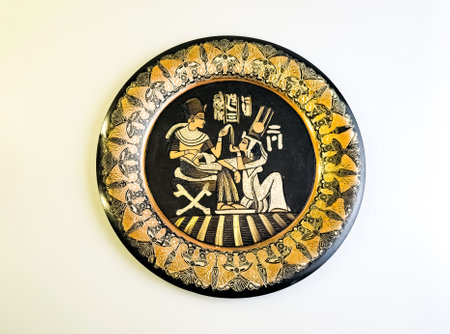 Decorative Egyptian plate made of copper on a white background. Traditional Egyptian drawing.の写真素材