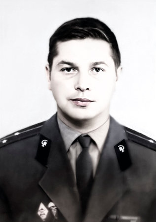Vintage portrait of a middle-aged man in a military doctor's uniform. Medical major. Retro photo...