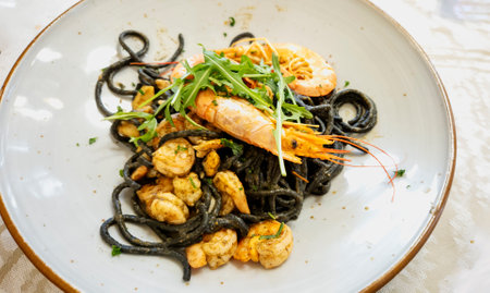 Plate of the black spaghetti with prawn, mussels. Healthy food concept.の写真素材