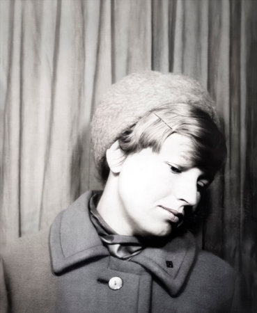 Set of vintage portraits of a beautiful young woman in a cap profile. Retro photo 1967.の写真素材