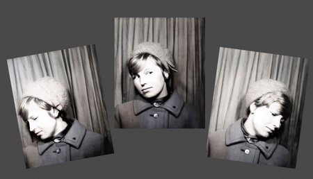 A set of vintage portraits of a beautiful young woman in a hat in profile and half-turn. Retro photographs from 1967.の写真素材