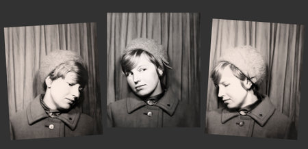 A set of vintage portraits of a beautiful young woman in a hat in profile and half-turn. Retro photographs from 1967.の写真素材