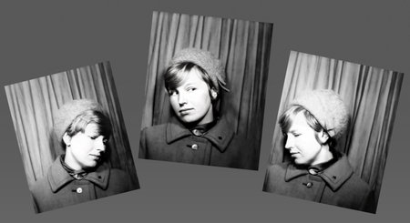 A set of vintage portraits of a beautiful young woman in a hat in profile and half-turn. Retro photographs from 1967.の写真素材