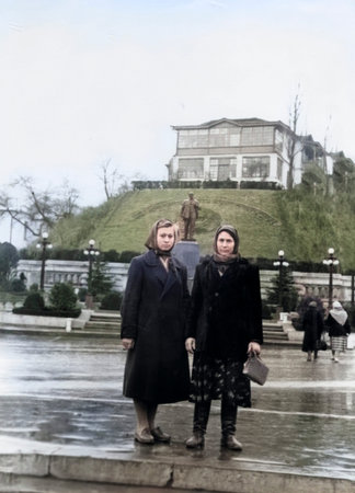 A vintage portrait of a young rural girl and her mother on vacation in Kislovodsk. Retro photo from...