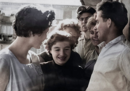 Voronezh, USSR - September 1, 1958: A vintage portrait of a cheerful group of Soviet students after...