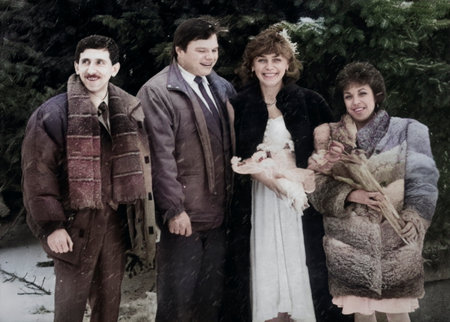 Dnipropetrovsk, Ukraine - March 6, 1993: A vintage portrait of the bride and groom and their witnesses after the wedding ceremony at the registry office. Retro photo.のeditorial素材