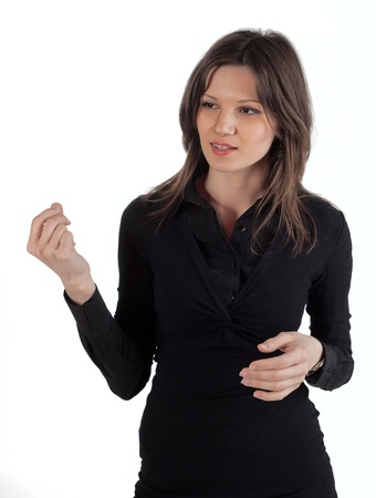 Young beautiful woman talking with hand gesticulationの写真素材