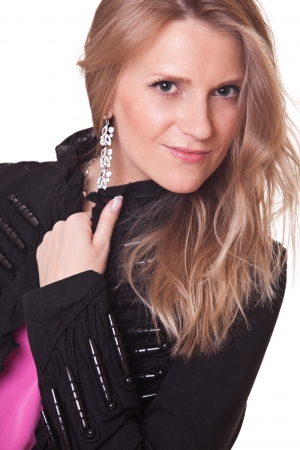 closeup portrait beautiful woman looking at camera. studio shotの写真素材