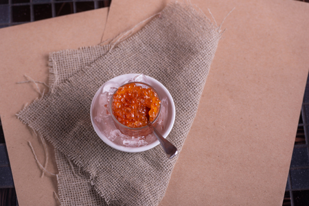 Close up red caviar with ice. Restaurant menu. Top viewの写真素材