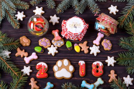 Colorful christmas gingerbreads on table. Symbol 2018 yearの写真素材
