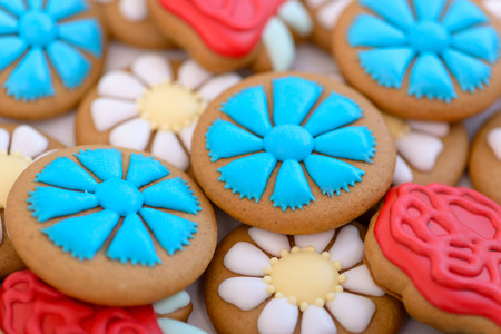 Close-up colorful gingerbread cookie. Spring bakery backgroundの写真素材