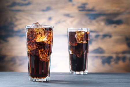 Two glass drink with cold lemonade and ice cubes. Copy space for textの写真素材