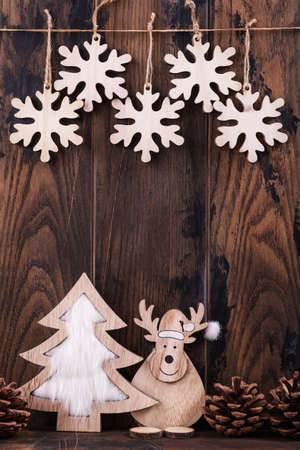 Christmas wooden background and decoration for greetings cardの写真素材