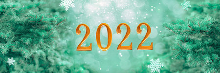background 2022, happy new year banner, green pine tree branches and snowflakes and golden numbers...