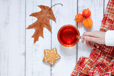 autumn layout with fallen leaves, a cup of tea and a warm knitted scarf, autumn weekend, home comfortの写真素材