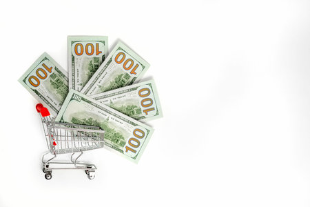 supermarket trolley with dollar bills, consumer basket concept, discounts and sales, family budget,...