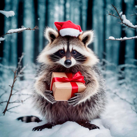sad fluffy raccoon hugging a box with a gift on a snowy winter forest background, generated by AIの素材