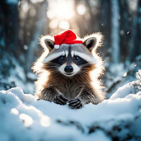 happy raccoon in a Santa Claus hat in the snow in a winter snowy forest, Christmas cardの素材