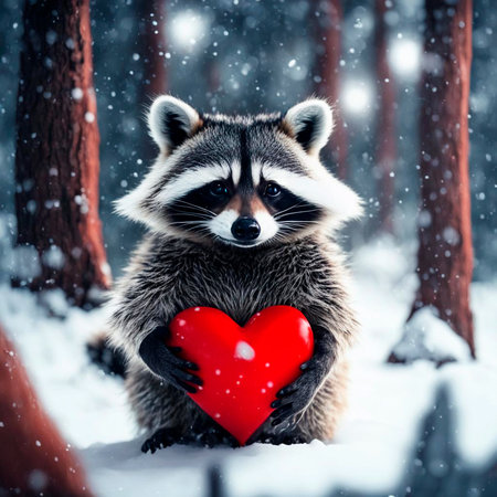 lonely raccoon in a snowy winter forest with a red heart in its paws, looking for love, valentine's day cardの素材
