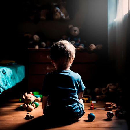 sad child sitting on the floor in a dark nursery, Autism conceptの素材
