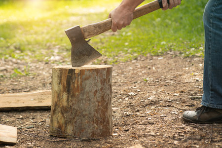 yong male in forest chopping wood with steel ax